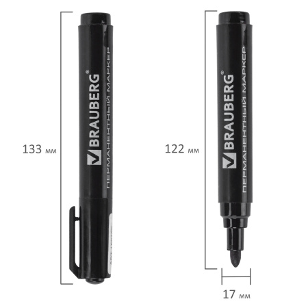 Маркер перманентный BRAUBERG "Classic", ЧЕРНЫЙ, круглый наконечник, 3 мм, с клипом, 150300 - Маркеры перманентные