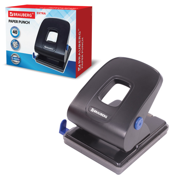Дырокол металлический BRAUBERG "Extra", до 40 листов, черный, 229093 - Дыроколы настольные