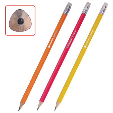 Карандаши чернографитные BRAUBERG НАБОР 6 шт., НВ, трехгранные, с резинкой, корпус ассорти, заточенные, 180630 - Карандаши чернографитные