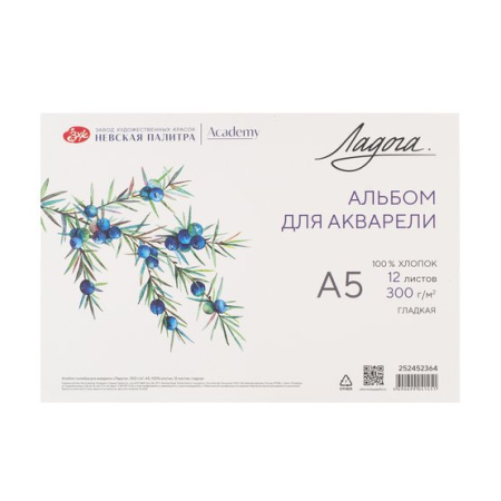 Альбом-склейка для акварели "Ладога", 300 г/м2, А5, 100% хлопок, 12 листов, гладкая