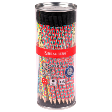 Карандаш чернографитный BRAUBERG "PATTERNS", 1 шт., HB, с ластиком, корпус ассорти, 181748 - Карандаши чернографитные