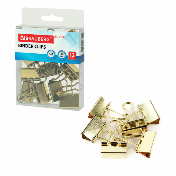 Зажимы для бумаг BRAUBERG EXTRA, КОМПЛЕКТ 12 шт., 32 мм, на 140 л., золотистые, европодвес, 229587 - Зажимы для бумаг