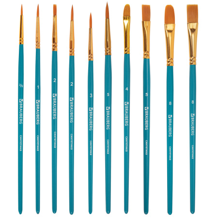 Кисти синтетика BRAUBERG, НАБОР 10 шт., синие (Круглые; Овальные; Плоские; Лайнеры), 201030 - Кисти для рисования