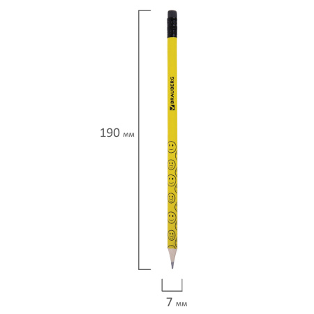 Карандаш чернографитный BRAUBERG, 1 шт., "Смайлики", НВ, c ластиком, корпус желтый, заточенный, 180654 - Карандаши чернографитные