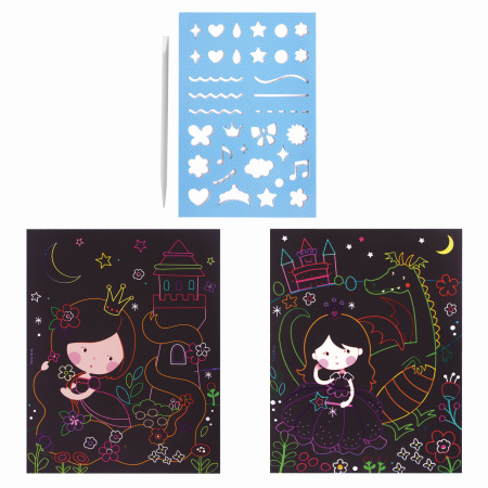 Гравюра магическая "Принцесса и дракоша", А5, 2 основы в комплекте, с трафаретом, ЮНЛАНДИЯ, 662690 - Гравюры