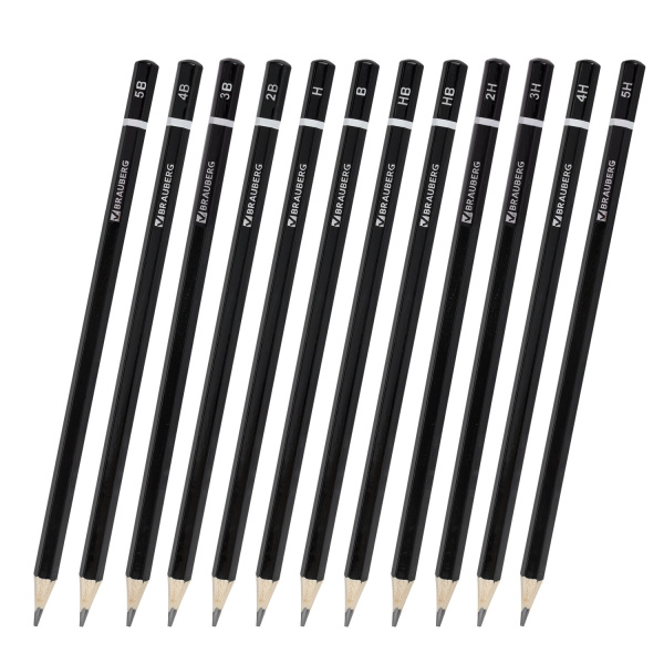 Карандаши чернографитные разной твердости НАБОР 12 штук, 5H-5B, BRAUBERG "Line", 180652 - Карандаши чернографитные