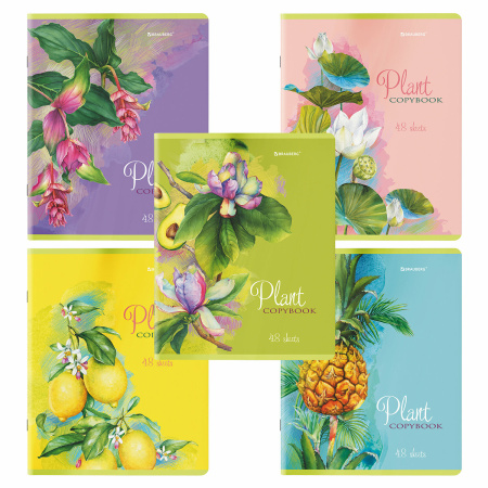 Тетради КОМПЛЕКТ 5 шт., А5, 48 л., BRAUBERG скоба, клетка, глянцевый лак, "Яркие Растения", 404393 - Тетради 40-48 листов