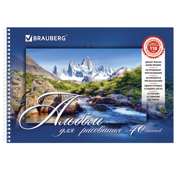 Альбомы для рисования А4 40 л., КОМПЛЕКТ 4 шт., гребень, обложка картон, BRAUBERG, 205х290 мм, "Природа" (2 вида), 880035 - Альбомы и папки для рисования