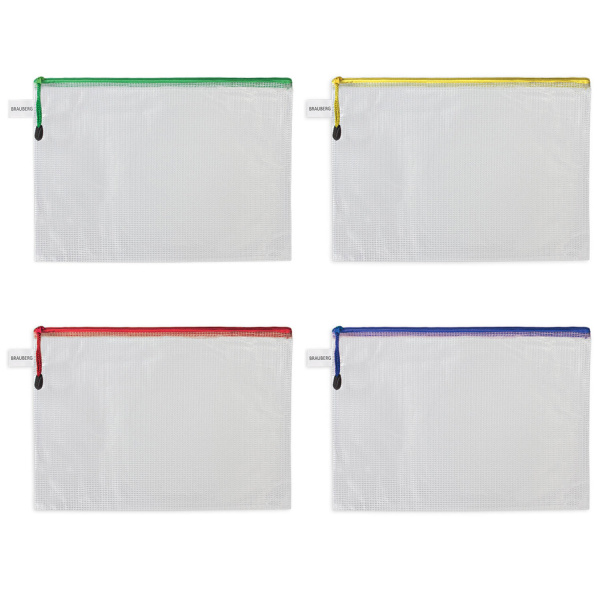 Папка-конверт СУПЕР КОМПЛЕКТ на молнии ПЛОТНЫЕ 4 штуки А4, сетчатая, BRAUBERG, 271348 - Папки-конверты на молнии