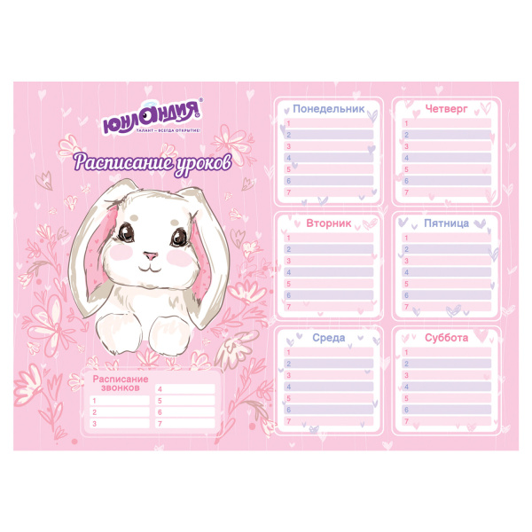 Расписание уроков и звонков А4, ЮНЛАНДИЯ, "Весёлые зверята", ассорти (4 вида), 111655 - Расписание уроков