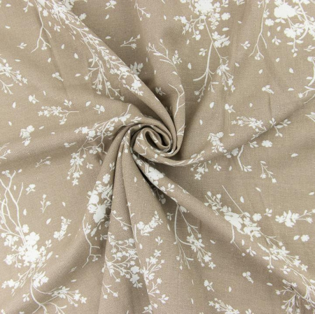 Ткань для рукоделия - лен, цветы на темно-бежевом 33*65 см, плотность 220 г/м2 (Корея)