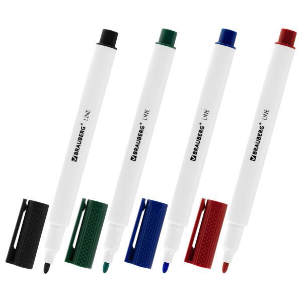 Маркеры стираемые для белой доски НАБОР 4 ЦВЕТА, BRAUBERG "LINE", 3 мм, с клипом, 152119 - Маркеры для досок