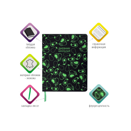 Дневник 1-11 класс 48 л., кожзам (твердая с поролоном), флуоресцентный, BRAUBERG, "Avocado", 106200 - Дневники универсальные