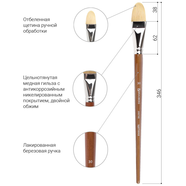 Кисть художественная профессиональная BRAUBERG ART CLASSIC, щетина, овальная, № 30, длинная ручка, 200740 - Кисти художественные из натурального волоса