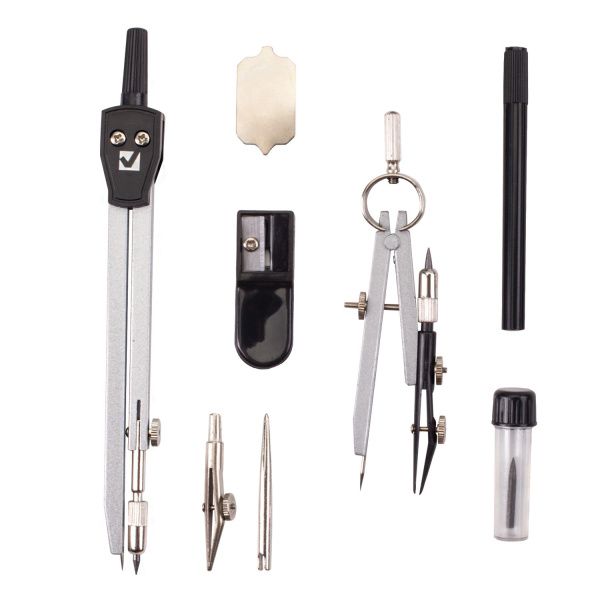 Готовальня BRAUBERG "Architect", 8 предметов: циркуль + кронциркуль, вставки + держатель, отвёртка, точилка, грифель, 210659 - Циркули и готовальни