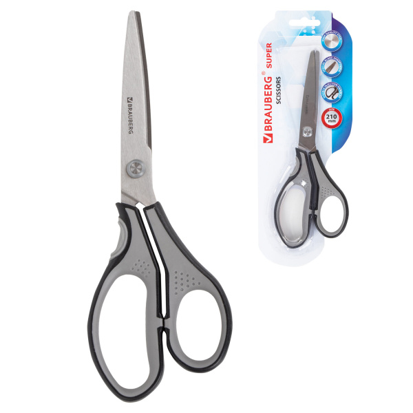 Ножницы BRAUBERG "SUPER", 210 мм, серо-черные, 2-х сторонняя заточка, эргономичные ручки, 237296 - Ножницы универсальные