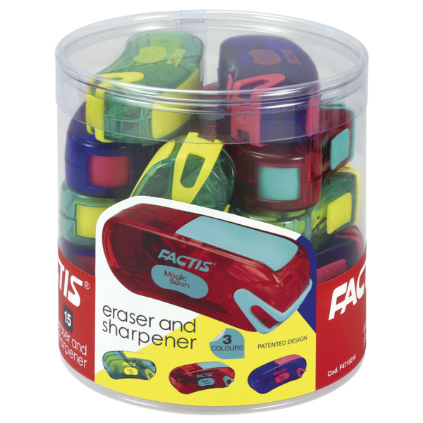 Точилка FACTIS Magic Bean (Испания), с контейнером и стирательной резинкой, 65x30x20 мм, ассорти, F4715215 - Точилки ручные