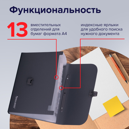 Папка-портфель пластиковая BRAUBERG А4 (327х254х30 мм), 13 отделений, серая, 221438 - Портфели пластиковые