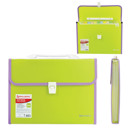 Папка-портфель пластиковая BRAUBERG "JOY", А4 (330х245х35 мм), 13 отделений, с окантовкой, салатовая, 227974 - Портфели пластиковые