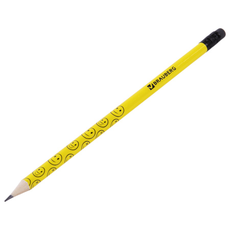 Карандаш чернографитный BRAUBERG, 1 шт., "Смайлики", НВ, c ластиком, корпус желтый, заточенный, 180654 - Карандаши чернографитные