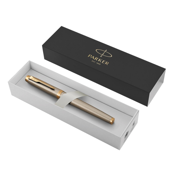 Ручка-роллер PARKER "IM Core Brushed Metal GT", серебристый матовый лак, позолота, черная, 1931663 - Ручки-роллеры подарочные