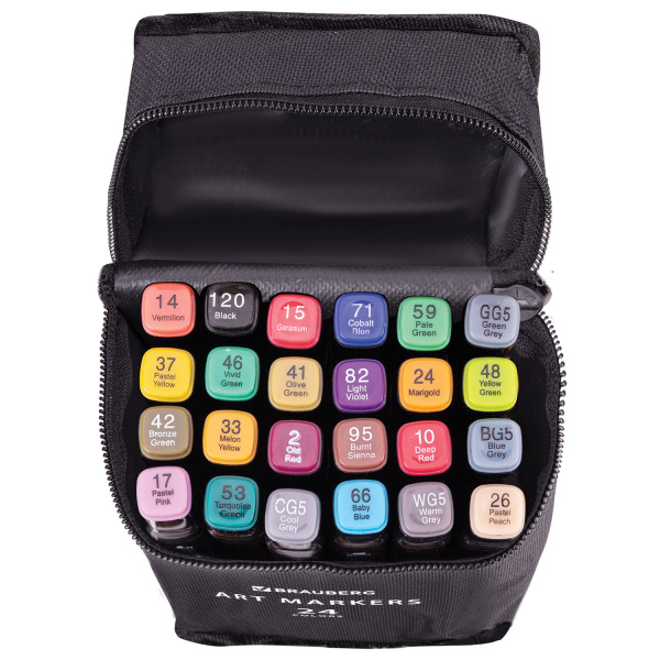 Маркеры для скетчинга двусторонние, НАБОР 24 шт., базовые цвета, в чехле, BRAUBERG, 152295 - Скетчмаркеры в наборах