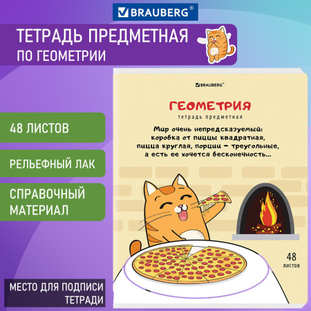 Тетрадь предметная "КОТ-ЭНТУЗИАСТ" 48 л., TWIN-лак, ГЕОМЕТРИЯ, клетка, подсказ, BRAUBERG, 404561
