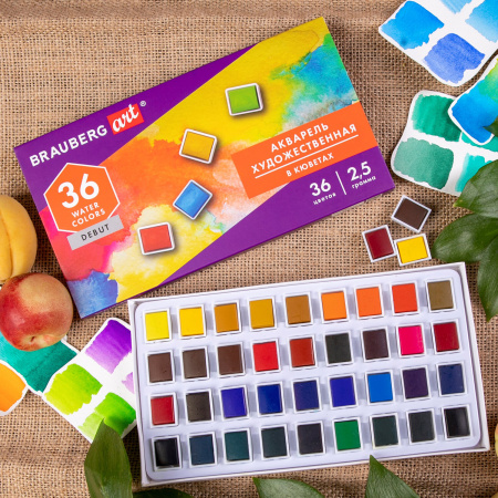Акварель художественная в кюветах НАБОР 36 цветов по 2,5 г, BRAUBERG ART DEBUT, 191779 - Акварель художественная в наборах
