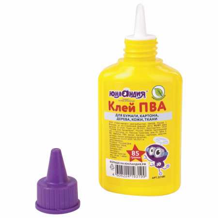 Клей ПВА ЮНЛАНДИЯ (бумага, картон, дерево), 85 г, 227381 - Клей ПВА