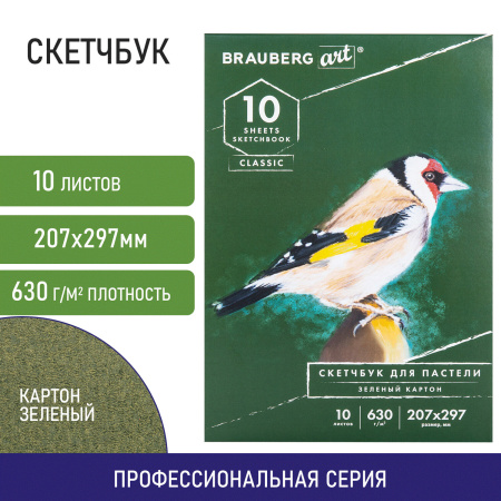 Альбом для пастели, картон ЗЕЛЕНЫЙ тонированный 630 г/м2, 207x297 мм, 10 л., BRAUBERG ART CLASSIC, 105920 - Альбомы и бумага для пастели