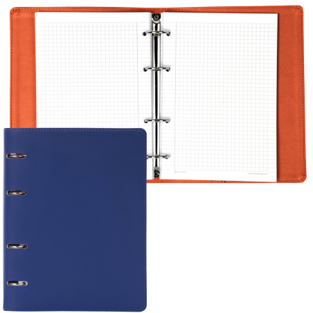 Тетрадь на кольцах А5 (180х220 мм), 120 листов, под кожу, клетка, BRAUBERG "Fusion", синий/оранжевый, 129994 - Тетради на кольцах и сменные блоки к ним