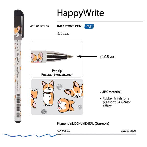 Ручка шариковая BRUNO VISCONTI HappyWrite, СИНЯЯ, "Корги", узел 0,5 мм, линия письма 0,3 мм, 20-0215/34 - Ручки шариковые неавтоматические