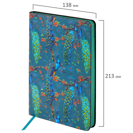 Ежедневник недатированный А5 (138х213 мм), BRAUBERG VISTA, под кожу, гибкий, 136 л., "Peacocks", 112032 - Ежедневники с покрытием "под кожу и ткань"