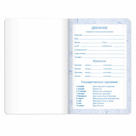 Дневник для музыкальной школы 140х210 мм, 48 л., обложка кожзам гибкая, BRAUBERG, справочный материал, синий, 105498 - Дневники для музыкальной школы