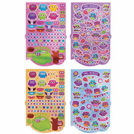 Альбом со сверкающими наклейками "Совята", 4 листа, более 250 шт., склейка, ЮНЛАНДИЯ, 662696 - Наклейки