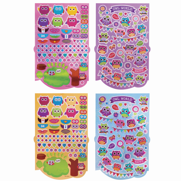 Альбом со сверкающими наклейками "Совята", 4 листа, более 250 шт., склейка, ЮНЛАНДИЯ, 662696 - Наклейки