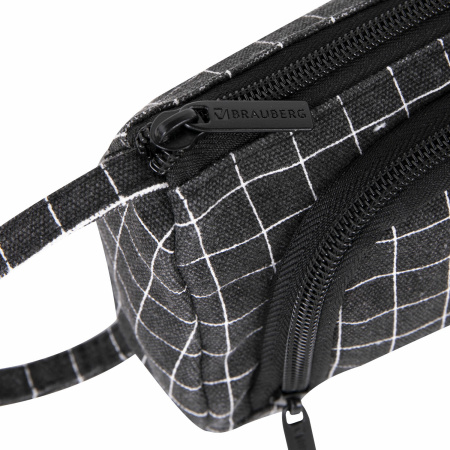 Пенал-косметичка BRAUBERG с ручкой, 1 откидная планка, полиэстер, 22x10х8 см, "Checkered black", 271559 - Пеналы мягкие