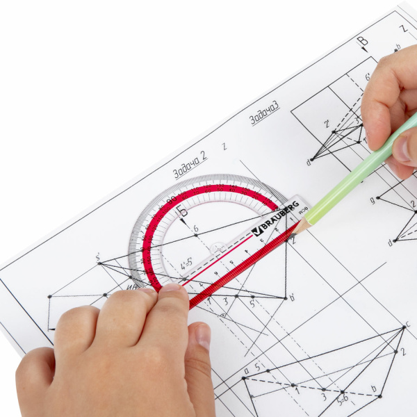 Транспортир 10 см, 180 градусов, пластиковый, BRAUBERG "Crystal", прозрачный, с выделенной шкалой, подвес, 210292 - Транспортиры