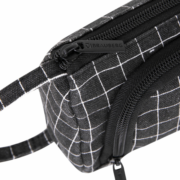 Пенал-косметичка BRAUBERG с ручкой, 1 откидная планка, полиэстер, 22x10х8 см, "Checkered black", 271559 - Пеналы мягкие