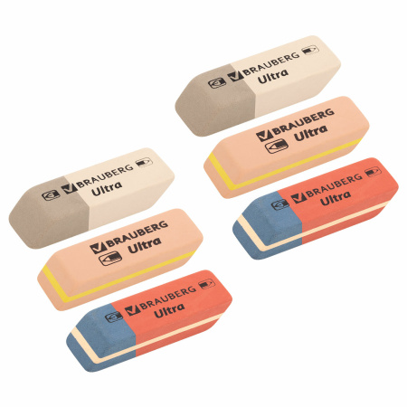 Ластики BRAUBERG "Ultra Mix" 6 шт., размер ластика 41х14х8 мм, ассорти, натуральный каучук, 229602 - Ластики классические