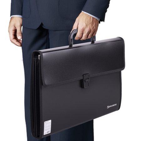 Папка-портфель пластиковая BRAUBERG ПРЕЗИДЕНТ А4 (390х260х40 мм), 3 отделения, черная, РОССИЯ, 226022 - Портфели пластиковые