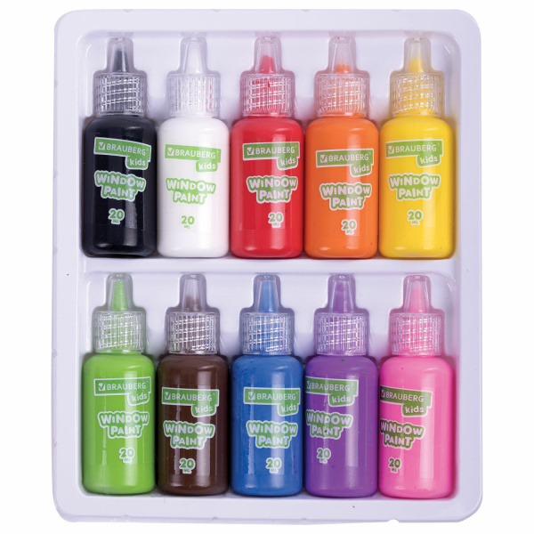Краски витражные BRAUBERG KIDS, 10 ярких цветов, 10 туб по 20 мл, книга шаблонов, 191761 - Декоративные и хобби краски