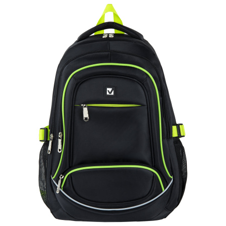 Рюкзак BRAUBERG HIGH SCHOOL универсальный, 3 отделения, "Акцент", черный/салатовый, 46х31х18 см, 270761 - Рюкзаки городские для старшеклассников и студентов