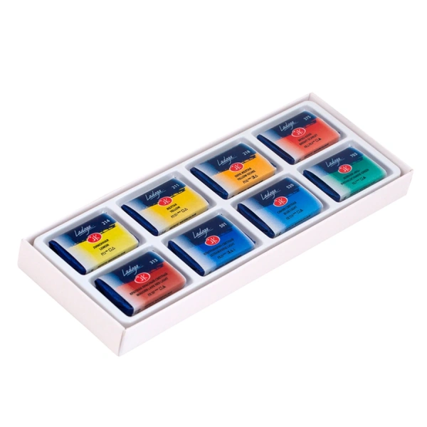 Набор акварельных художественных красок 8 цветов в кюветах по 2,5мл, картонная коробка "Ладога" - Акварель художественная в наборах