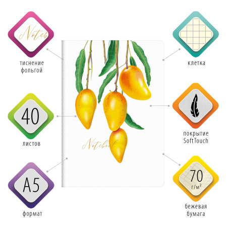 Тетрадь 40 л. в клетку обложка SoftTouch, фольга, бежевая бум. 70 г/м2, сшивка, А5 (147х210 мм), MANGO, BRAUBERG, 403783 - Тетради 40-48 листов