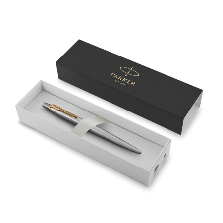 Ручка шариковая PARKER "Jotter Core Stainless Steel GT", корпус серебро, позолота, синяя, 1953182 - Ручки шариковые подарочные