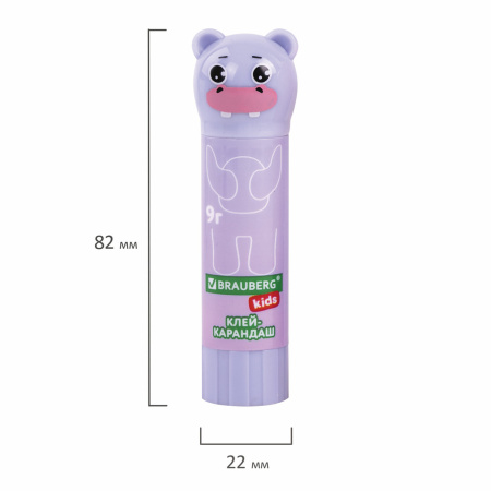 Клей-карандаш "Пастельные зверята: мышка, тигр, бегемот", 9 г, фигурный колпачок, BRAUBERG KIDS, 271140 - Клей-карандаш