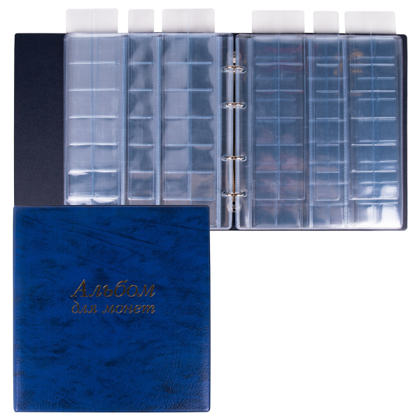 Альбом нумизмата для 380 монет (диаметр до 38 мм) и купюр, 253х238 мм, синий, ОСТРОВ СОКРОВИЩ, 237960 - Альбомы для монет и купюр