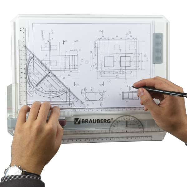 Доска чертежная А4, 370х295 мм, с рейсшиной и треугольником, BRAUBERG, 210535 - Доски для черчения и рейсшины