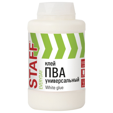 Клей ПВА универсальный 1 кг (бумага, картон, дерево), STAFF, 606431 - Клей ПВА